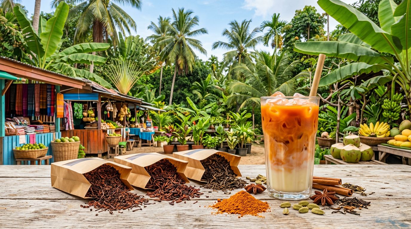 Thai tea mix: loose-leaf packets, dried tea leaves, and a glass of authentic cha yen on a wood table with tropical Thai backdrop