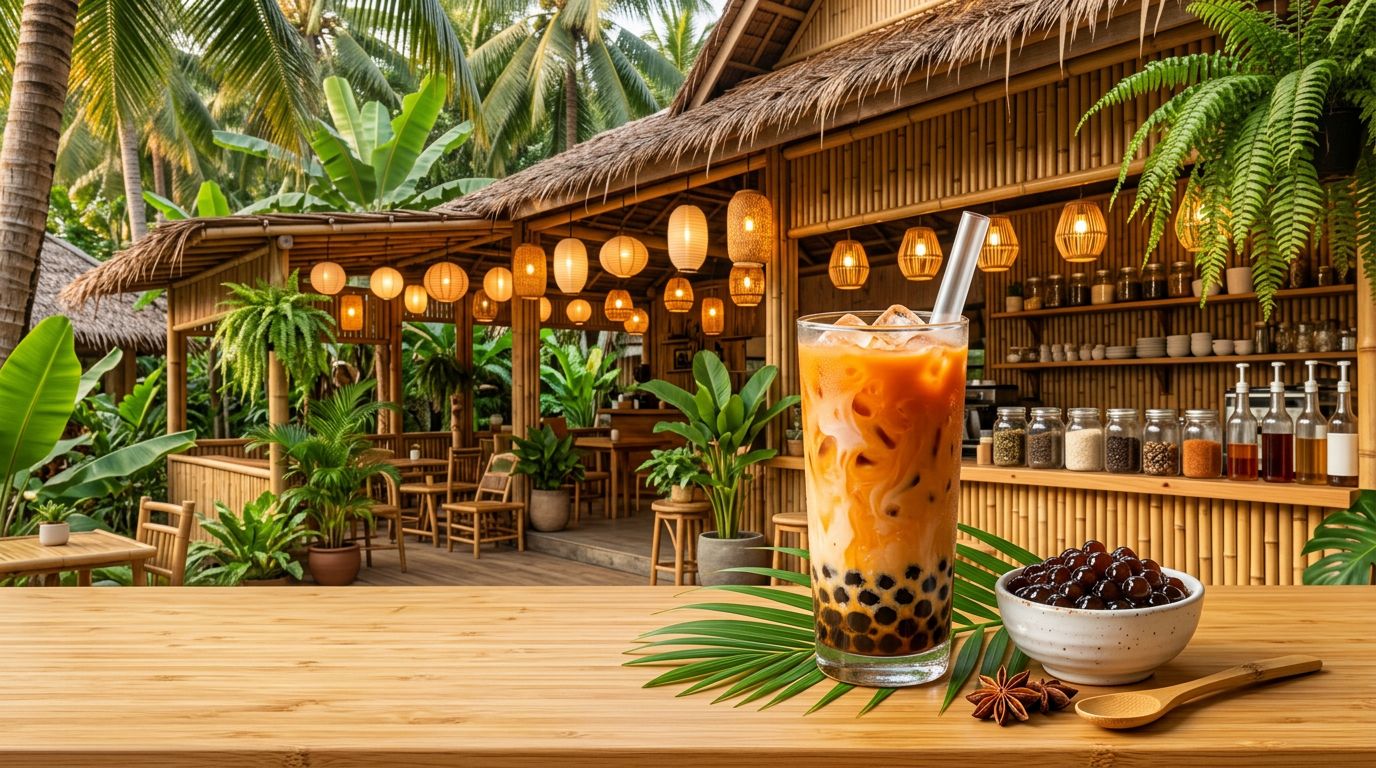 Boba Thai iced tea: glass of cha yen with dark tapioca pearls at the bottom, vivid orange tea, condensed milk swirls, wide boba straw, modern Asian café setting