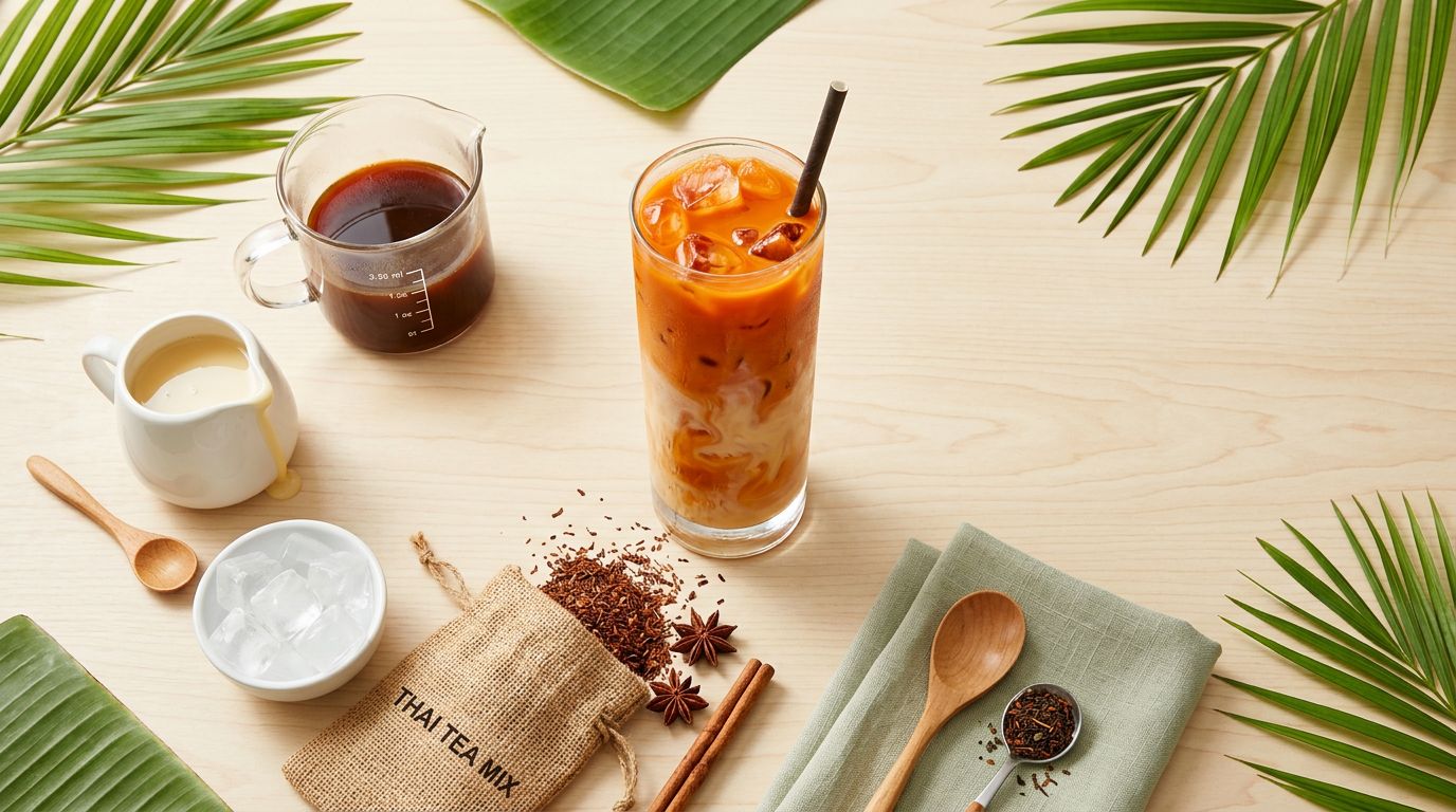 Overhead flatlay of classic Thai iced tea recipe: glass of cha yen with condensed milk, brewed tea, ice, loose Thai tea leaves, star anise, and cinnamon