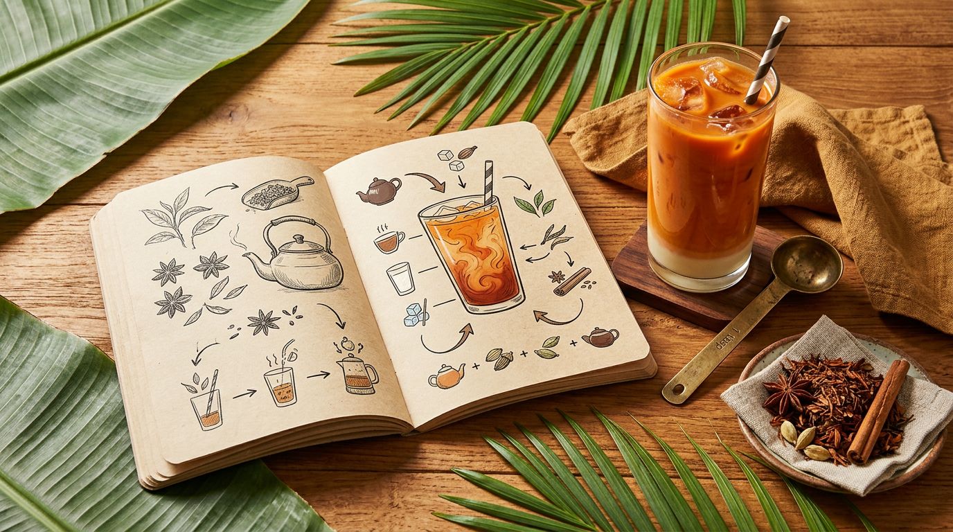 Thai iced tea guide reference: open notebook with illustrated diagrams, a glass of authentic cha yen, dried Thai tea leaves, star anise, cardamom, and cinnamon — a learning library composition