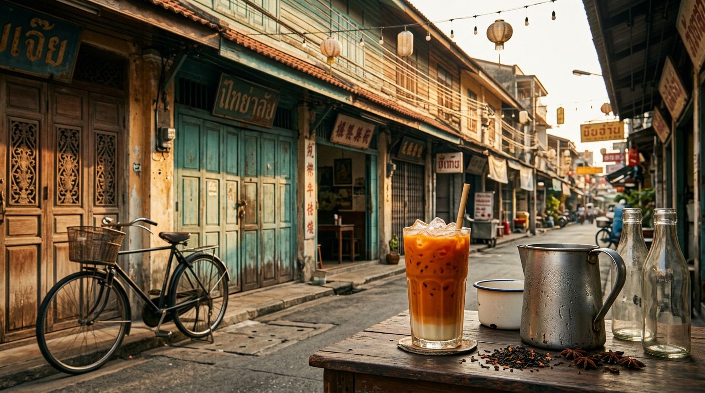 Vintage 1960s Bangkok street stall with a glass of authentic Thai iced tea (cha yen) — heritage and origin of the drink
