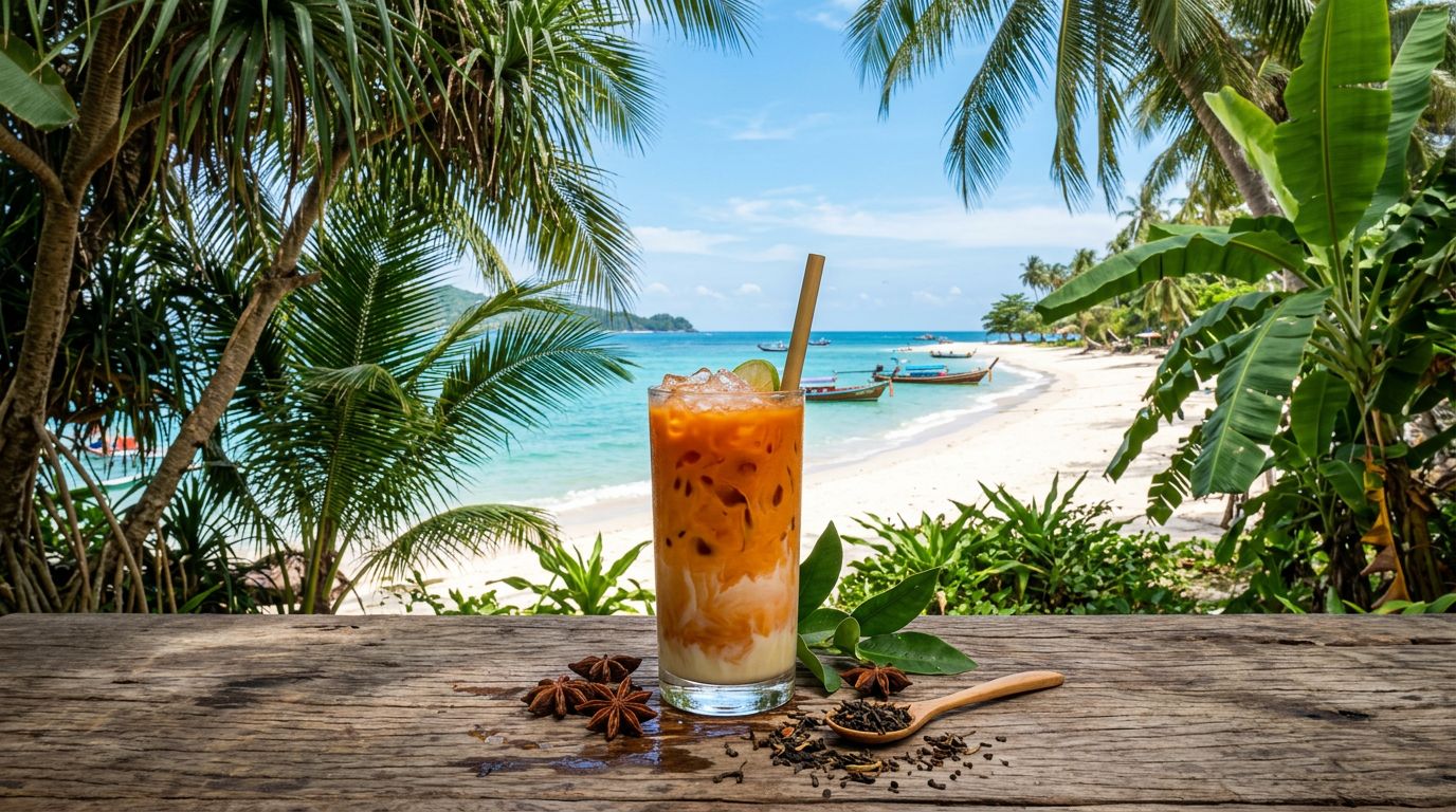 Thai iced tea — creamy orange cha yen in a glass on a wood table with tropical Thai beach backdrop