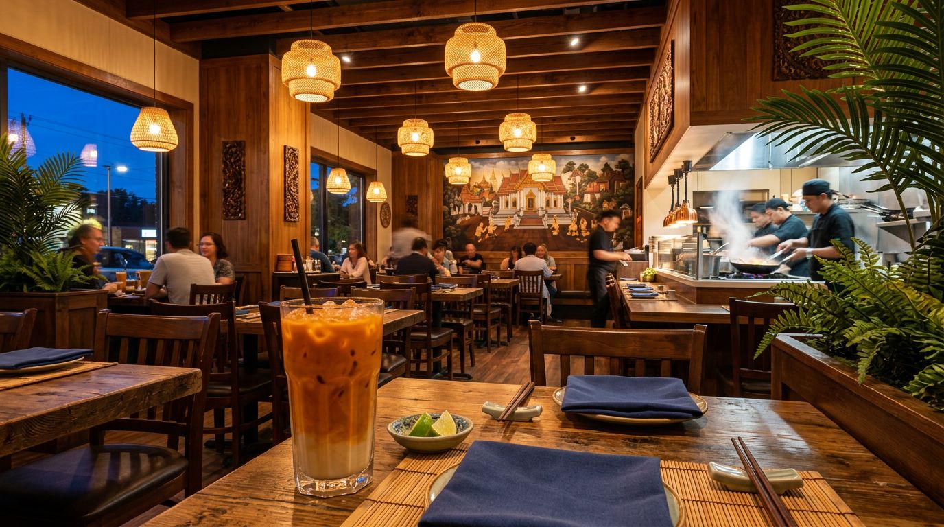 Warm present-day Thai restaurant interior at evening service with a glass of authentic Thai iced tea on a wooden table — where to find cha yen near you