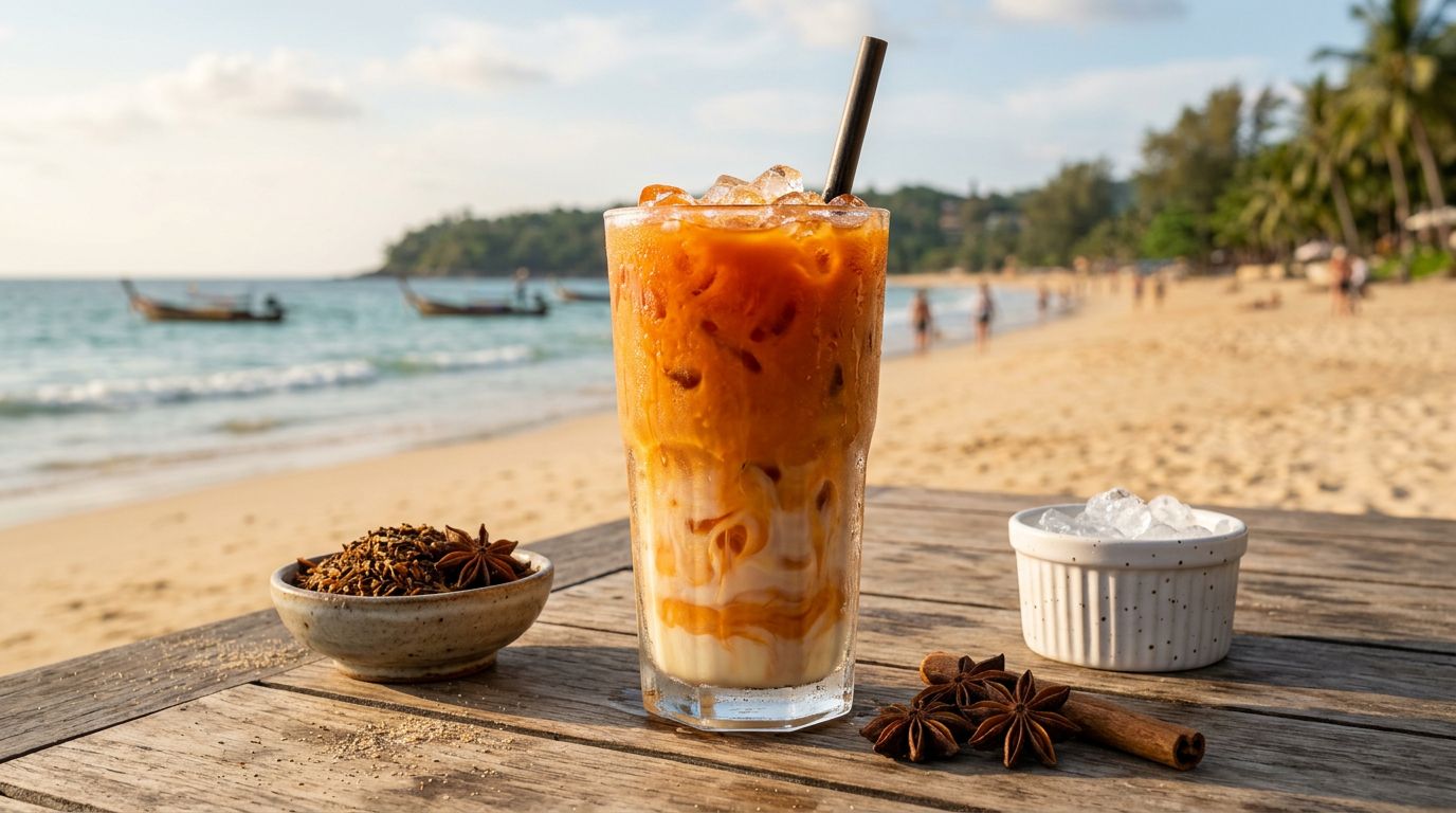 Tall glass of authentic Thai iced tea on a light marble countertop with loose tea leaves, star anise, and cinnamon — clean wellness setting for a nutrition and calorie breakdown