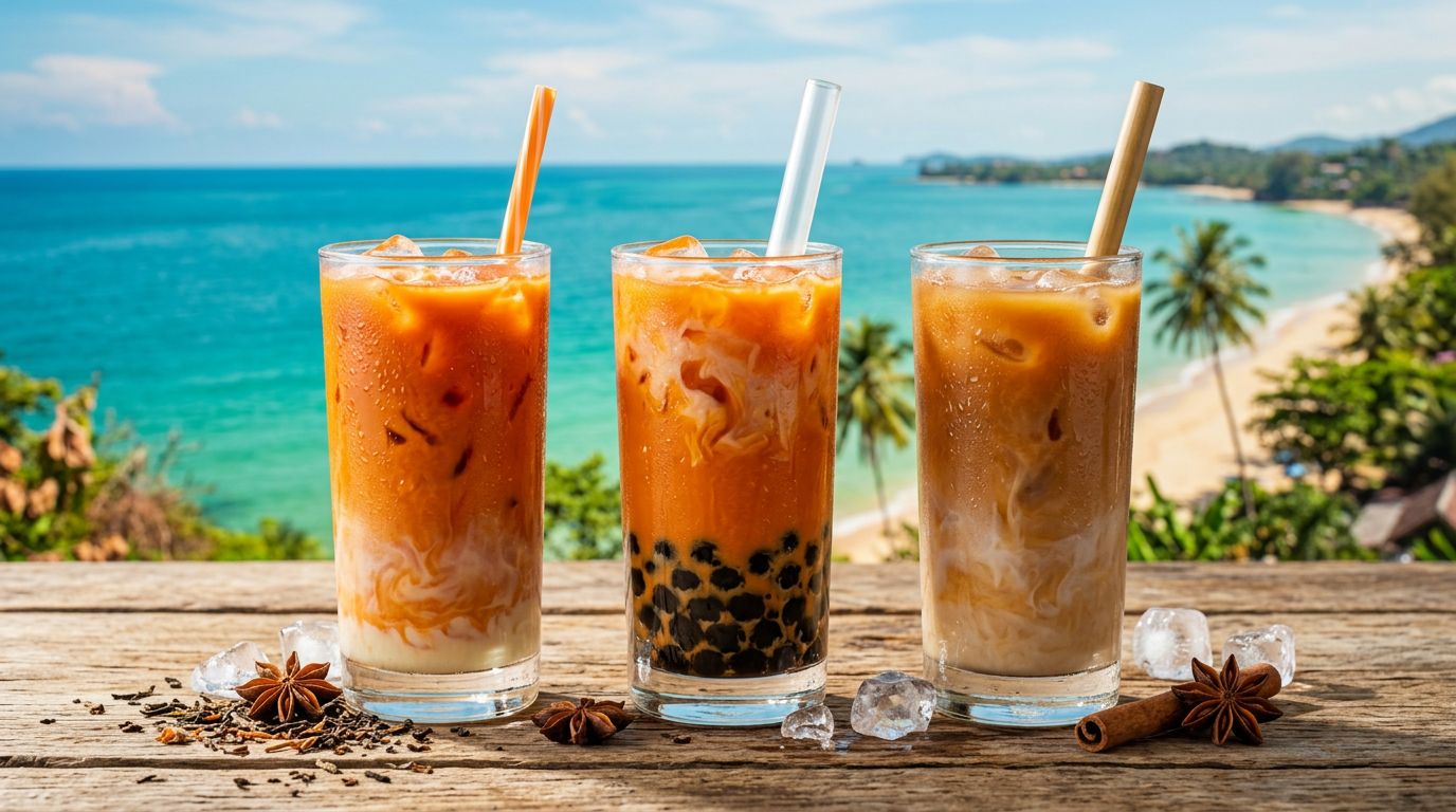 Three glasses of Thai iced tea side by side — classic with condensed milk, boba with tapioca pearls, dairy-free with coconut milk — on a wood table with tropical Thai backdrop