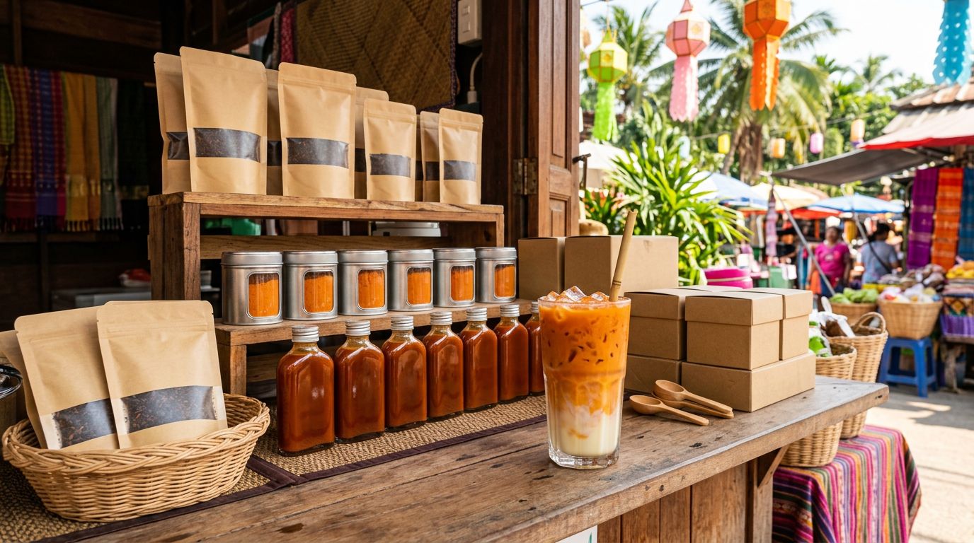 Thai market storefront with a curated retail display of Thai tea products — bagged mixes, canisters of orange Thai tea powder, bottled concentrate, and a finished glass of cha yen
