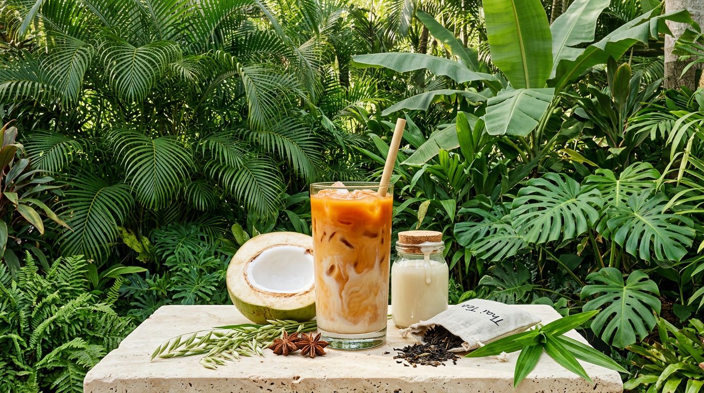 Dairy-free vegan Thai iced tea with coconut milk and oat milk, fresh young coconut and pandan, lush tropical garden setting