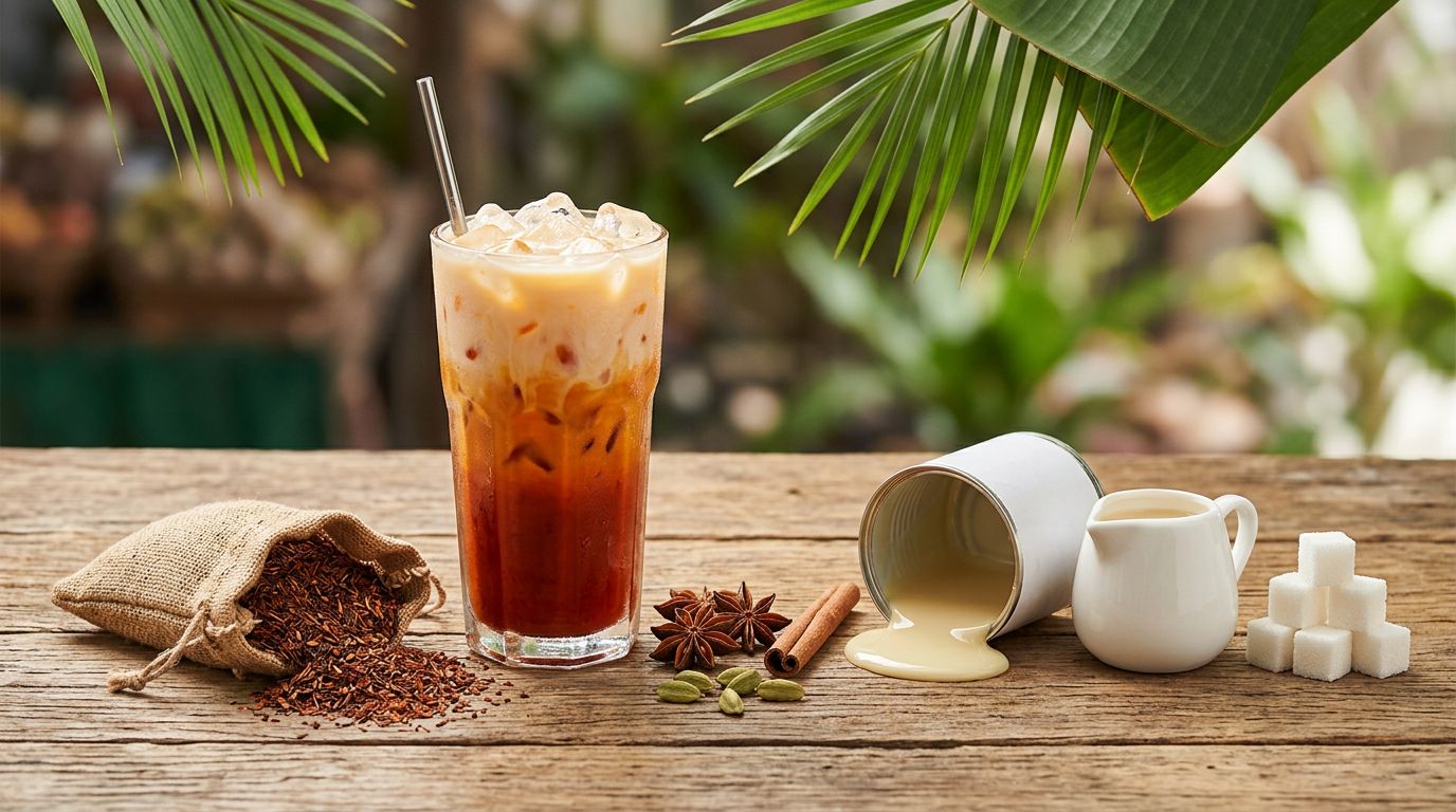 Anatomy of Thai iced tea: tall glass of authentic cha yen with the core ingredients laid out — loose Thai tea leaves, star anise, cardamom, cinnamon, condensed milk, evaporated milk, sugar
